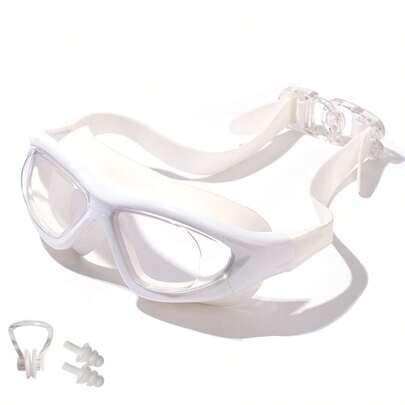 Gafas de natación para adultos, gafas de natación transparentes de alta definición unisex, diseño de amplio campo de visión, correa elástica ajustable, ajuste cómodo, equipo de natación para entrenamiento y fitness en piscina, incluye clip nasal y tapones para los oídos