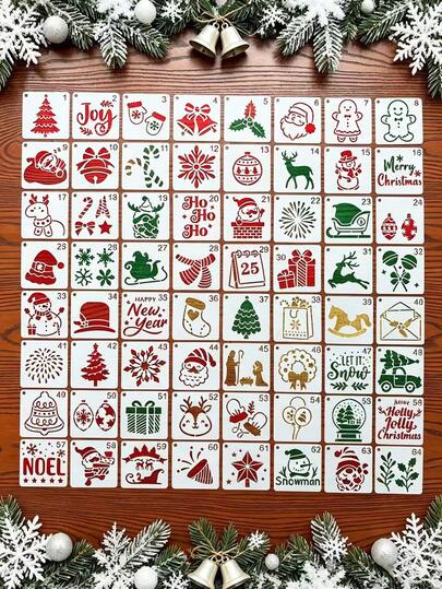 64pcs Christmas Stencil Set, Hollow Design DIY Suitable For Wood, Paper, Planner, Greeting Cards, Handmade Posters, Walls, Window Glass, Fabric, Canvas, Gift Boxes, Home Decor, Holiday Party Painting Creation.