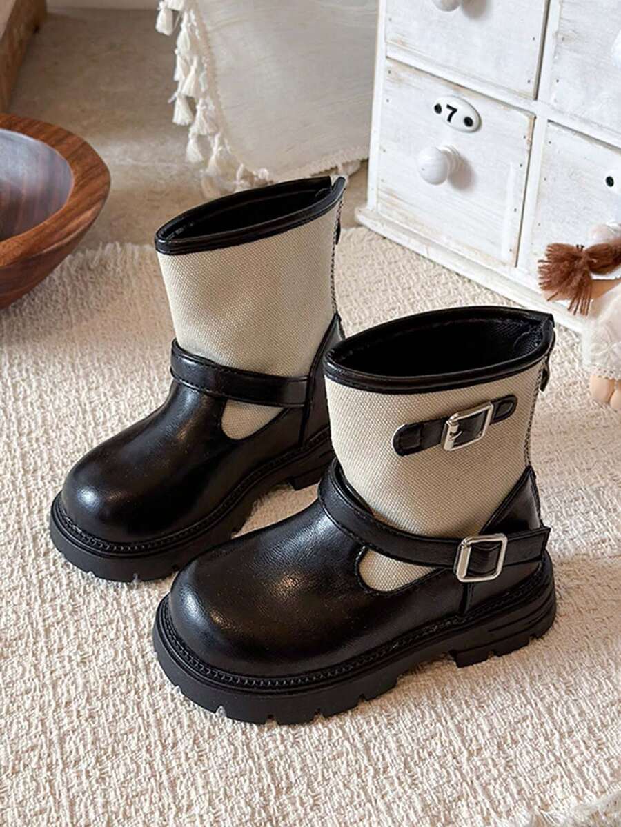 Sepatu Bot Setengah Betis Model Vintage Warna-warni untuk Anak Perempuan dengan Gesper Logam, Sol Tebal, Bagian Bawah Lembut Anti Selip, Sepatu Bot Pergelangan Kaki Modis untuk Musim Gugur/Dingin - Hitam - View 1