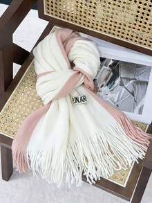 Women's Contrast Color Vertical Striped Tassel Scarf, Soft Pink And White Color Block Knitted Oversized Scarf, Versatile Warm Shawl For Autumn/Winter - Two-color Label Pink/White - View 2