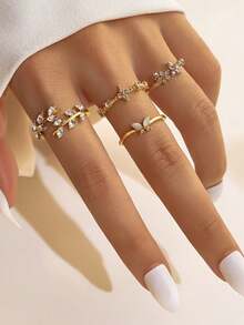 4pcs/Set Butterfly Open Leaf Elegant Stackable Knuckle Ring Set - Gold - View 4