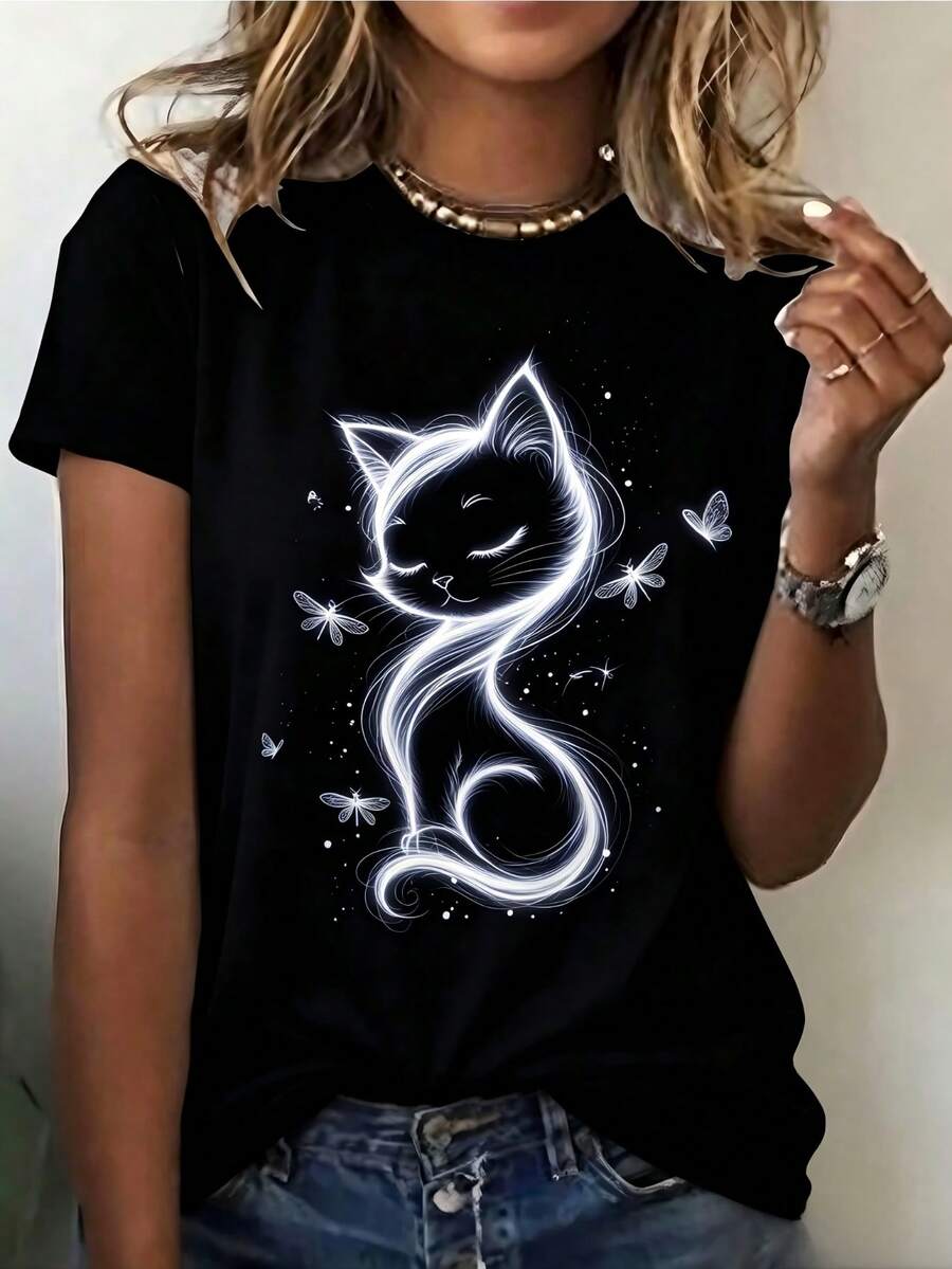 Camiseta de verano holgada y transpirable, con un diseño estampado de gatos elegantes, camiseta de moda para uso casual, blusas femeninas, blusas adorables de estilo Y2K. - Negro - Ver 1