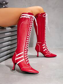 Blosm Women's Pointed Toe Side Zipper Contrast Rope Mid-Calf Boots, New Fashion Commute European & American Party Style Solid Color High Heel Boots - Red - View 7