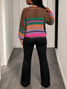 DVSLOE Women Y2K Color Block Fall Winter Sweater, Boat Neck Lantern Long Sleeve Hollow Out Striped Knit Pullover For Daily, Dating, Going Out - Multicolor - View 2