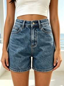 Shorts de mezclilla para mujer de cintura alta, lavado desgastado, corte holgado, shorts vaqueros cómodos, ideal para verano, disimula caderas anchas, ropa casual urbana - Azul lavado oscuro - Ver 1