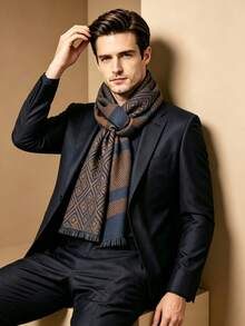 Old Money Style Men's Scarf, Premium Wool Blend Luxury Letter Reversible Long Neck Warmer, Thick & Warm - Multicolor - View 5