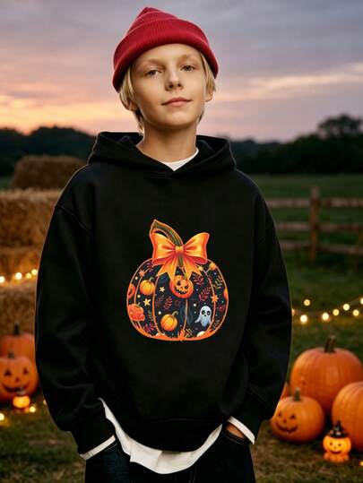 1-Piece Boys' Halloween Hoodie, Bowknot Pumpkin Halloween Print Hooded Sweatshirt, Suitable For Boys' Everyday Party Pullover - Holiday Gift