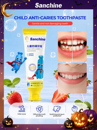 Sanchine 儿童防龋牙膏，草莓味，温和无氟配方，呵护健康笑容