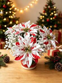12/6/1pc Set Artificial Red & White Poinsettia Bouquet With Baby's Breath, Holiday Floral Arrangement Kit, Suitable For Fireplace, Stair Railing, Dining Table, Vase, Balcony Planter And Stage Backdrop, Perfect For Christmas Tree And Home Decor - Multicolor - View 1