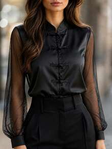New Chinese Style Stand Collar Frog Button Black Satin Blouse For Women, Sheer Chiffon Patchwork Long Sleeve Shirt - Black - View 4