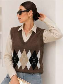 Women's Horizontal Striped Jacquard Knit Vest, V-Neck Sleeveless Sweater Fall - Coffee Brown - View 1