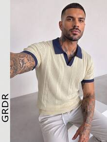 GRDR Men's Loose Thin Summer Ribbed Knit Polo Short Sleeve Shirt - Apricot - View 1