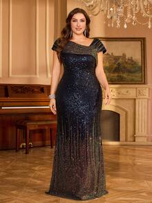 UNITHORSE [Random Cut] Plus Size Women's Gradient Shiny Sequin Elegant Evening Gown Party - Navy Blue - View 4