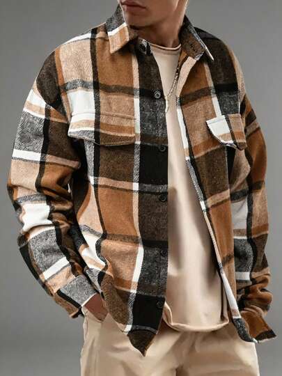 Men Vintage Plaid Shirt Jacket, Turn Down Collar Button Front Long Sleeve Chest Pocket Relaxed Fit Casual Fall Outfit