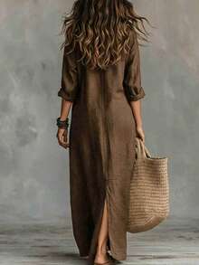 Women's Casual Long Sleeve Woven Fabric Collared Button Front Long Shirt Dress, Perfect For Creating A Relaxed Bohemian Style Autumn Fashion Look. - Coffee Brown - View 4