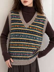 Women's Autumn/Winter Casual Minimalist Elegant Gentle Classic Vintage Pattern V-Neck Pullover Vest - Yellow Tones - View 1