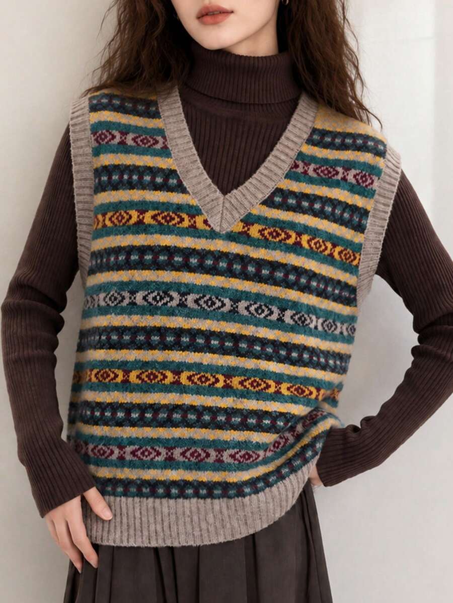 Women's Autumn/Winter Casual Minimalist Elegant Gentle Classic Vintage Pattern V-Neck Pullover Vest - Yellow Tones - View 1