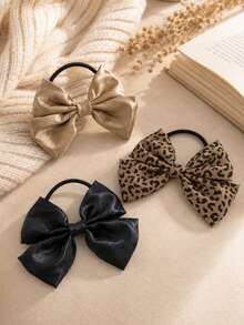 3pcs Autumn Leopard Print Satin Bow Hair Ties,Shiny Fabric Ponytail Scrunchies,Vintage Hair Accessories For Girls Daily Wear & Autumn Winter Gifts - Multicolor - View 7