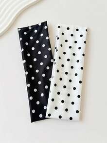 Women's Wide Polka-Dot Stretchy Headband (2-Piece Set) - French-Style Minimalist Non-Slip Hair Accessory (Black & White Summer Look) - Multicolor 1 - View 10