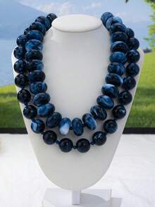 OABE 2pcs/Set Bohemian Style Navy Blue Beaded Layered Necklace Set Suitable For Women's Daily Wear - Blue - View 7