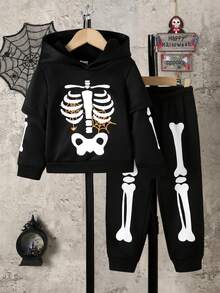Setelan Halloween Anak Laki-Laki: Hoodie 2 in 1 Motif Tulang Tengkorak + Celana Jogging Motif Tulang Tengkorak - Hitam - View 1