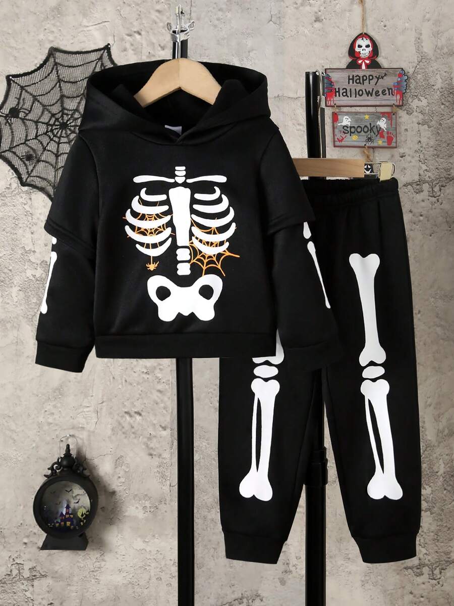 Setelan Halloween Anak Laki-Laki: Hoodie 2 in 1 Motif Tulang Tengkorak + Celana Jogging Motif Tulang Tengkorak - Hitam - View 1
