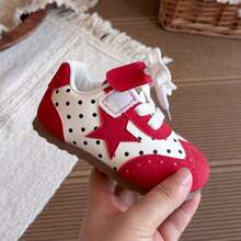 Girls' Cute Patchwork Casual Sports Shoes, Wide Toe, Durable Soft Sole, Hook And Loop, Indoor/Outdoor Flat Shoes - Red - View 4