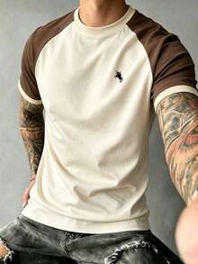 Men's Summer Fashion Casual Minimalist Pony Print Colorblock Patchwork Crew Neck Short Sleeve T-Shirt - Brown - View 1