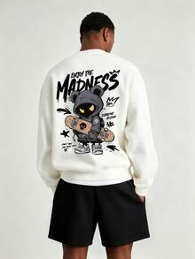 Men's Spring/Autumn Minimalist Skateboard Print Letter Crew Neck Long Sleeve Sweatshirt And Shorts Casual Set - Black and White - View 1