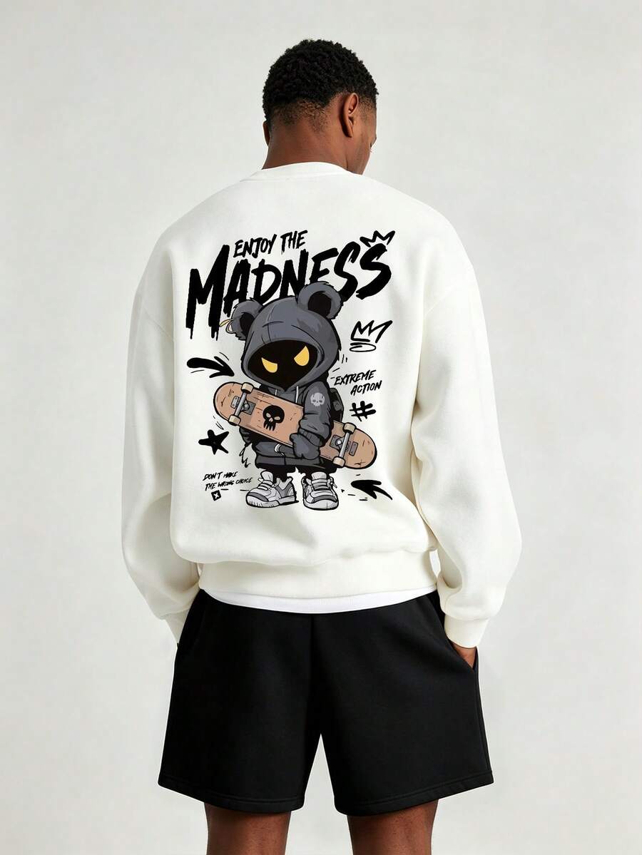 Men's Spring/Autumn Minimalist Skateboard Print Letter Crew Neck Long Sleeve Sweatshirt And Shorts Casual Set - Black and White - View 1