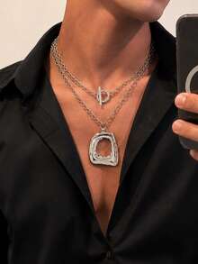 2 piezas Collar de plata minimalista de doble capa para hombre, colgante cuadrado hueco geométrico asimétrico, collar de capas con cierre OT, accesorio de estilo urbano, regalo - K blanca - Ver 2