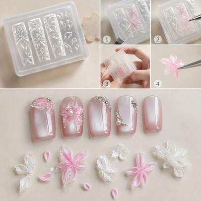 1PC Ice Crystal Flower Nail Art Silicone Mold, Transparent Soft Mold With 3D Petal And Leaf Combination, Gradient Color Filling Effect, 3D Embossed Fairy Style Nail Decoration, Compatible With Light-Cured Carving Gel, Smooth Demolding With Complete Details, Durable For Multiple Uses, Cool Fairy Fingertip Vibe, Suitable For Home DIY And Salon Use, Can Decorate Full Nail Or Partial Area, Easy To Operate And Master, Eye-Catching For Spring/Summer Travel And Dates, Delicate 3D Petal Texture, Versatile Silver White Pink Purple Color Scheme, Dreamy Fairy Atmosphere, More Exquisite With Pearl And Rhinestone Decor