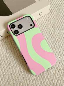 1pc Asymmetrical Wavy Element Green & Pink Color Block Wavy Pattern Phone Case, Soft Inner & Hard Outer 2-In-1 Matte Film Texture, Compatible With IPhone 11/12/12 Pro/12 Pro Max/13/13 Pro/13 Pro Max/14/14 Pro/14 Pro Max/14 Plus/15/15 Pro/15 Pro Max/15 Plus/16/16 Pro/16 Pro Max/16 Plus/17/17 Pro/17 Pro Max/Air/18 Pro/18 Pro Max - Multicolor - View 3
