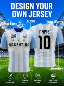 1pc Argentina Theme Football T-Shirt: White & Blue, Custom Service - Add Your Name, Favorite Number & Unique Design Elements. Best Gift. Sports - Blue and White - View 4