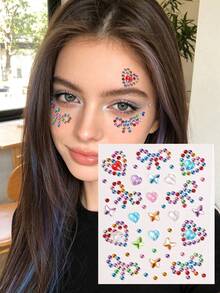 2PCS Multi-Particle 3D Asymmetric Self-Adhesive Rhinestone Bow & Heart Y2K Holiday Gift DIY Music Festival Party Makeup Ball Face Decoration Rhinestone Stickers - Multicolor - View 5