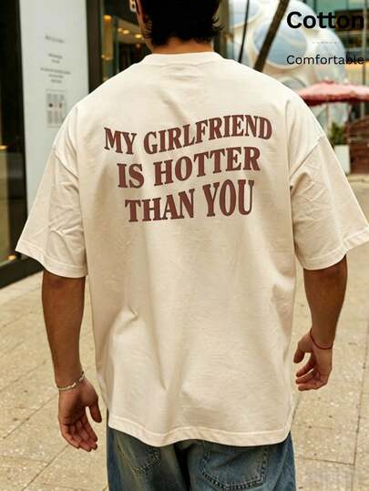 Men's Cotton T-Shirt For Autumn With Bold Back Print 'MY GIRLFRIEND IS HOTTER THAN YOU' In Brown, Daily Street, Vacation, Casual Sports Outfits