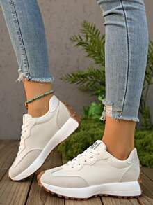 SOCTU Sepatu Olahraga Lari Kasual Nyaman untuk Wanita, Ujung Bulat, Desain Blok Warna, Bertali, Sol Tebal, Gaya Pelajar, Menambah Tinggi Badan - Putih - View 2
