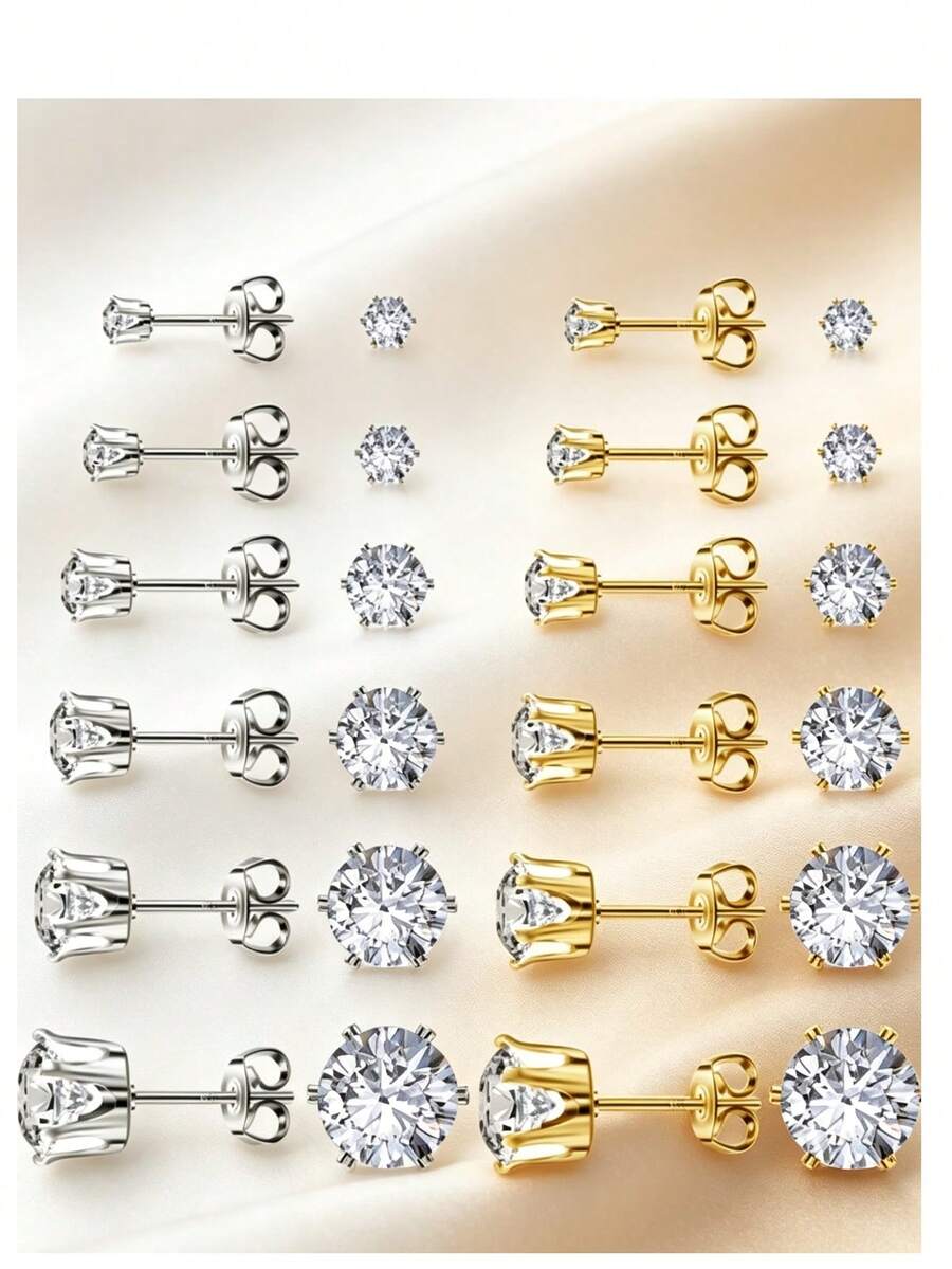 Conjunto de Brincos de Aço Inoxidável, Conjunto de Brincos Hipoalergênicos Banhados a Prata e Ouro 14K, Brincos de Aço Inoxidável com Zircônia Cúbica à Prova d'Água e Resistentes ao Desbotamento para Mulheres - Conjunto de brincos - Visão 1
