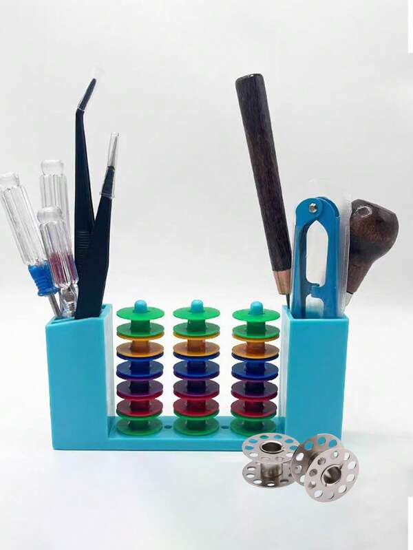 Multifunctional Magnetic Tool Holder Storage Box,Equipped With A Bobbin, Suitable For Sewing Machine Thread Spools, Screwdrivers, Tweezers - Blue, With Colorful Knob, No Installation Required, Convenient Storage, Sewing Machine Accessory