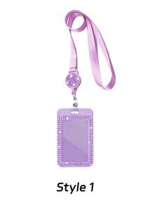 Purple Rhinestone ID Card Holder With Lanyard, ID Card Storage Box, Anti-Lost Lanyard, Student ID Card Holder, Self-Service Restaurant Card Holder - Multicolor - View 14