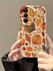 1pc Cream Wavy Ins Shockproof Anti-Drop Protective Phone Case, Beautiful Autumn Maple Leaf Phone Shell, Vintage Autumn Dried Leaf Print Soft TPU Shockproof Protective Phone Case, Compatible With Android Devices Anti-Drop Protective Shell For Samsung, Series Phones - White - View 2
