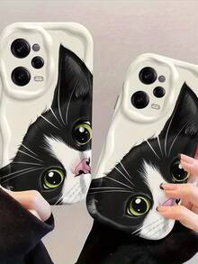 1 buah Casing Ponsel Pelindung Anti-Guncangan Motif Gelombang Besar Krem, Casing Ponsel Kucing Tuxedo Lucu, Casing Ponsel TPU Lembut Anti-Jatuh Motif Anak Kucing Hitam Putih yang Mengintip, Kompatibel dengan Perangkat Android, Ponsel Seri - Putih - View 4