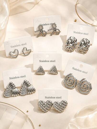 1/3/5 Pairs Random Vintage Stainless Steel Earrings, Textured Metal Heart & Geometric Design Jewelry For Women, Daily Wear, Party, Date