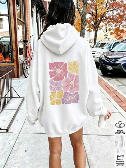 Autumn/Winter Women's Hooded Long Sleeve White Sweatshirt, Pink Floral Print, Casual Daily Sweet Sporty Style Women's Top, Y2K Street Style Hoodie