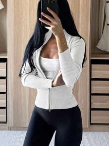 Women's Ribbed Knit Wool Cardigan, Double Zipper Stand Collar, Short Slim Fit, Medium Stretch, Suitable For Autumn/Winter Warm Wear White - White - View 5