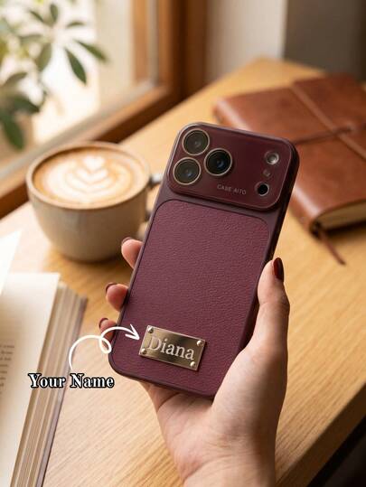 Custom Name Laser Engraved Metal Nameplate Phone Case, Compatible With IPhone 17 18 Pro Max Series, Burgundy Large Window Small Lychee Texture Faux Leather Full Body Shockproof Protective Cover, Luxury Personalized Gift, Suitable For Men Women Girls, Ideal For Daily Commute, Business Office, Dating, Birthday, Anniversary, Holiday Gifts