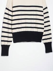 DEEKA Autumn/Winter New Women's European And American Style Fashion Minimalist Versatile Zipper Striped Knit Sweater Pullover - Beige - View 11