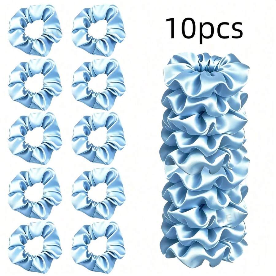 10pcs Blue Ladies Elegant Solid Color Satin Hair Rings, Suitable For Daily, Sports, Summer, Beach, Vacation, Suitable For Hair Accessories Tools, - Light Blue - View 1