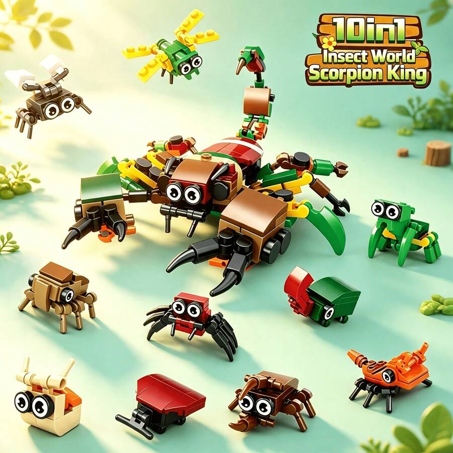Insect World 10-In-1 Building Block Toy, Includes 10 Cute Insect Designs: Dragonfly, Spider, Beetle, Mantis And More. Can Be Assembled Into A Scorpion King Mecha, Offering Rich And Diverse Gameplay. DIY Assembly Effectively Develops Hands-On Ability, Concentration And Spatial Imagination. Fun Creative Building Model, Suitable For Boys And Girls, Perfect Educational Gift For Birthdays And Holidays. - Animal Building Blocks - View 1