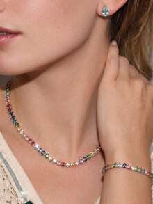 rakol 4pcs Luxury Personalized Cubic Zirconia Water Drop Necklace Bracelet Earrings Jewelry Set For Women, Suitable For Wedding, Evening Party Decoration - Colorful  Teardrop - View 2